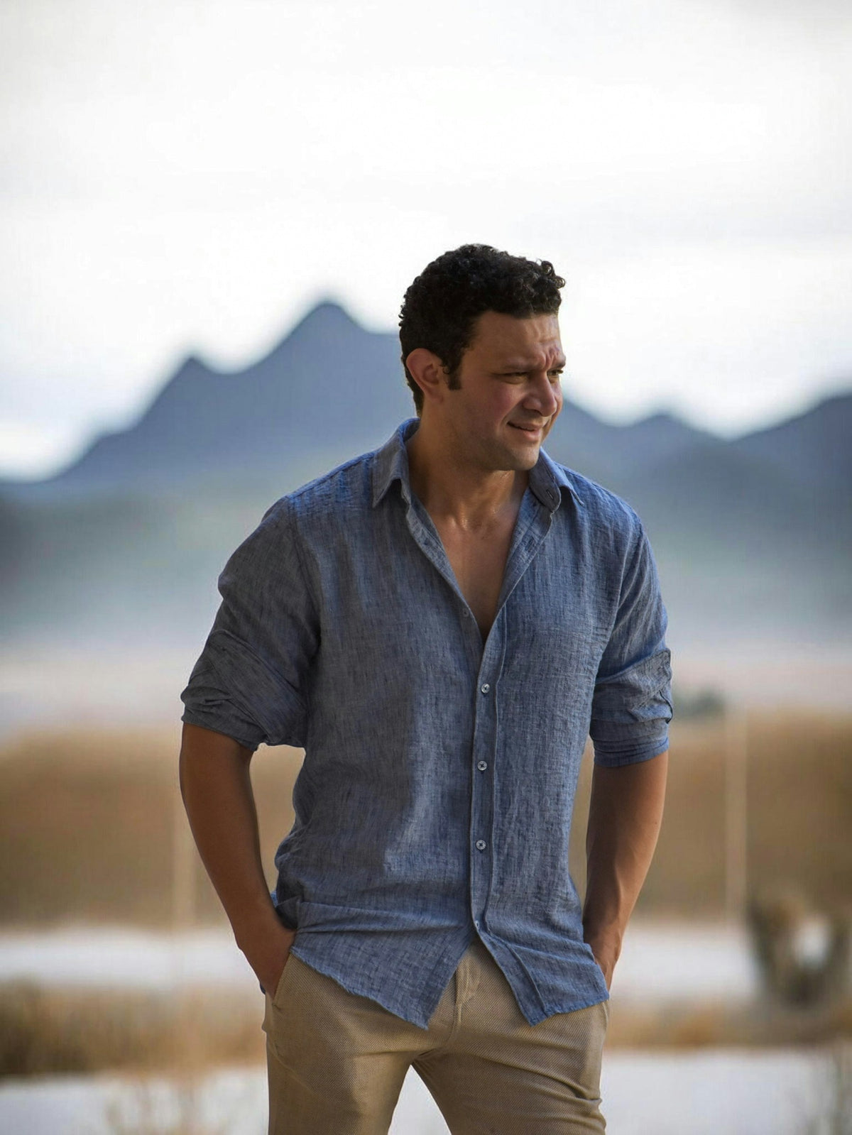 Navy linen shirt worn outdoors